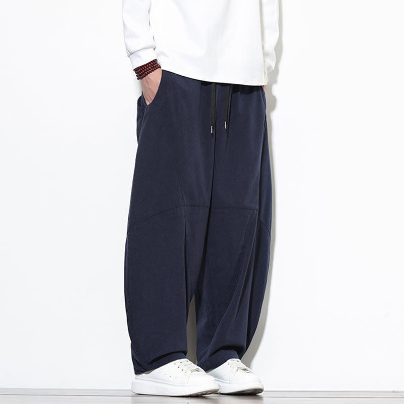 Buddha Stones Drawstring Solid Color Tapered Design Cotton Corduroy Men's Harem Pants With Pockets