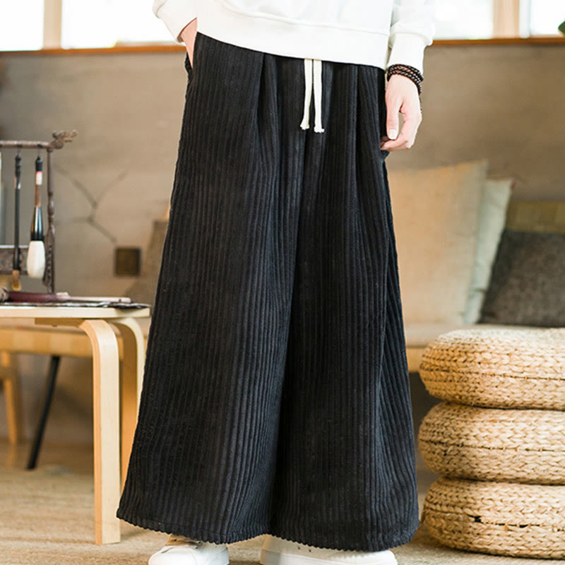 Buddha Stones Commute Plain Drawstring Men's Wide Leg Cotton Corduroy Pants With Pockets
