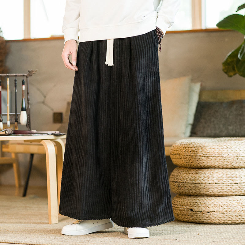 Buddha Stones Commute Plain Drawstring Men's Wide Leg Cotton Corduroy Pants With Pockets