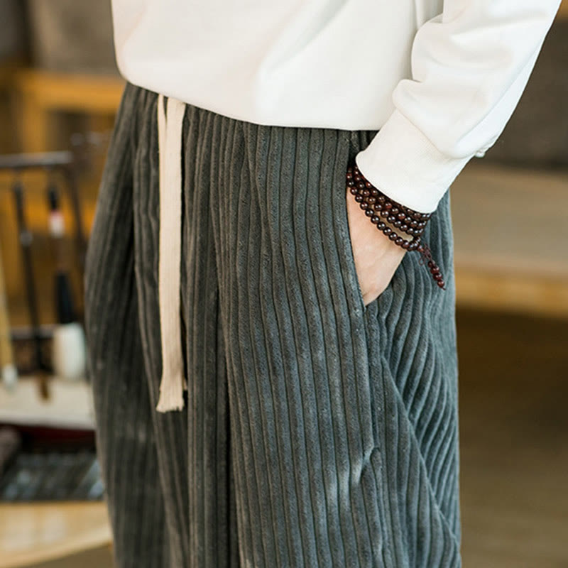 Buddha Stones Commute Plain Drawstring Men's Wide Leg Cotton Corduroy Pants With Pockets