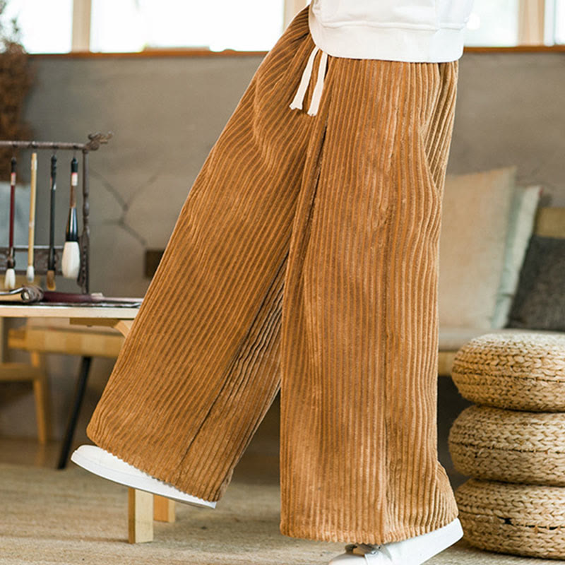 Buddha Stones Commute Plain Drawstring Men's Wide Leg Cotton Corduroy Pants With Pockets