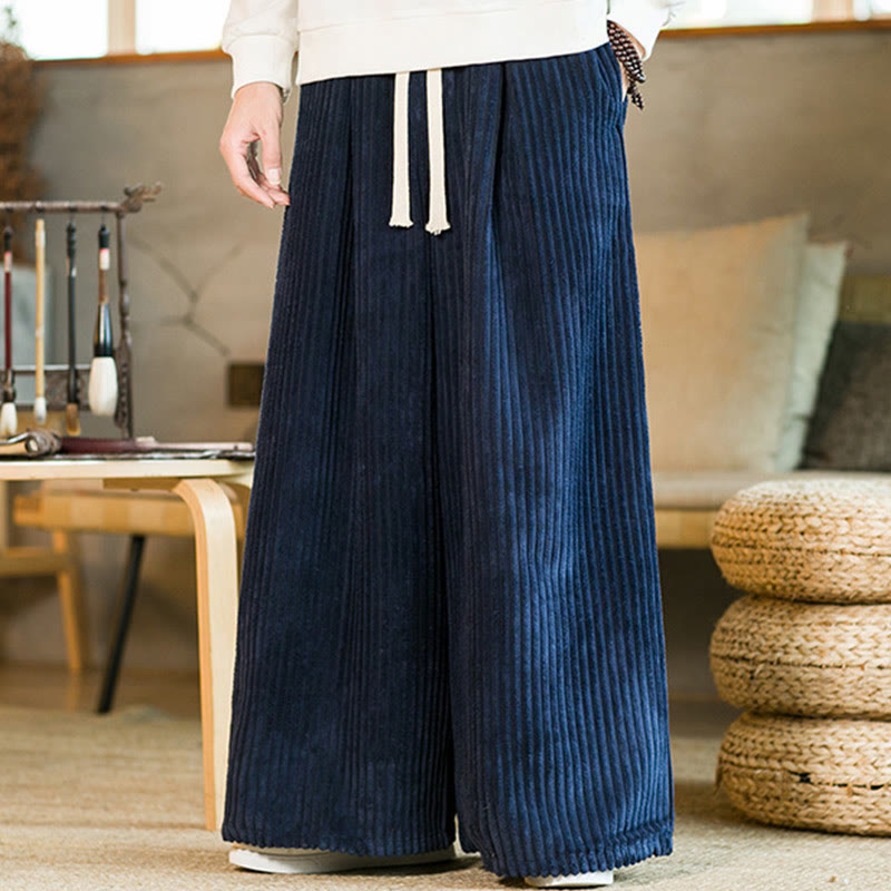 Buddha Stones Commute Plain Drawstring Men's Wide Leg Cotton Corduroy Pants With Pockets