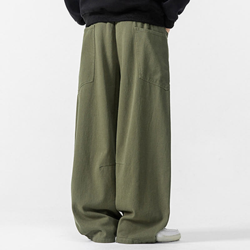 Buddha Stones Fall Pure Color Men's Wide Leg Cotton Drawstring Pants With Pockets