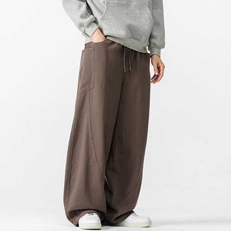 Buddha Stones Fall Pure Color Men's Wide Leg Cotton Drawstring Pants With Pockets