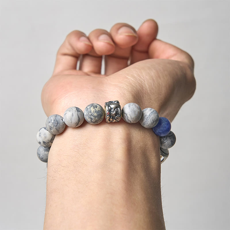 Buddha Stones Natural Grey Jasper Sodalite Om Mani Padme Hum Buddha Face Healing Bracelet