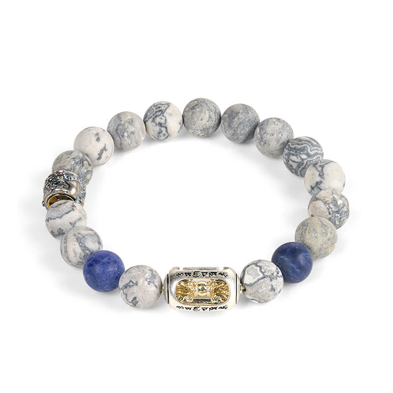 Buddha Stones Natural Grey Jasper Sodalite Om Mani Padme Hum Buddha Face Healing Bracelet