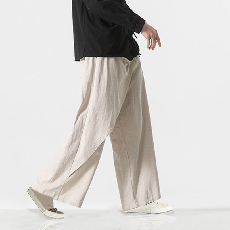 Buddha Stones Asymmetrical Patched Design Plain Men's Cotton Pants With Pockets