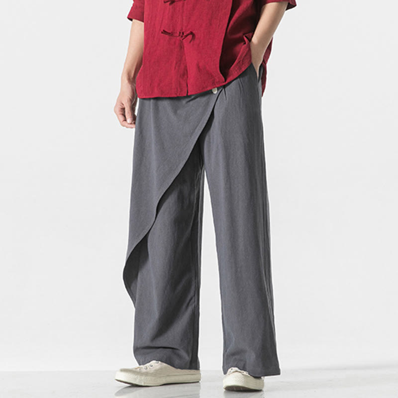 Buddha Stones Asymmetrical Patched Design Plain Men's Cotton Pants With Pockets