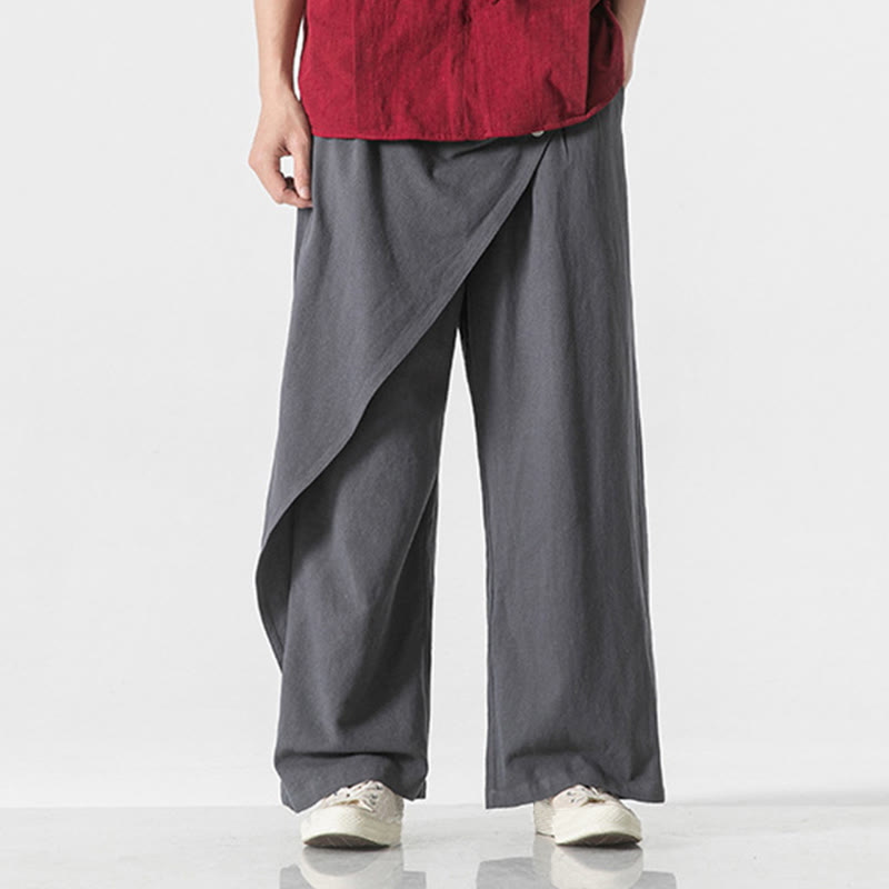 Buddha Stones Asymmetrical Patched Design Plain Men's Cotton Pants With Pockets