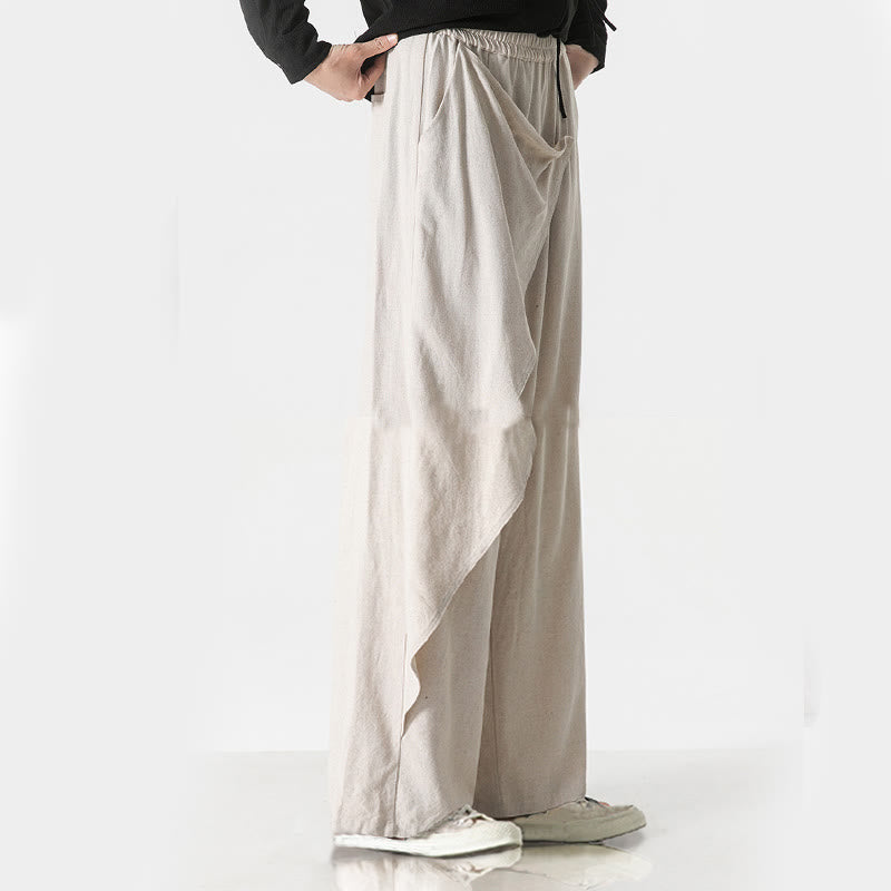 Buddha Stones Asymmetrical Patched Design Plain Men's Cotton Pants With Pockets