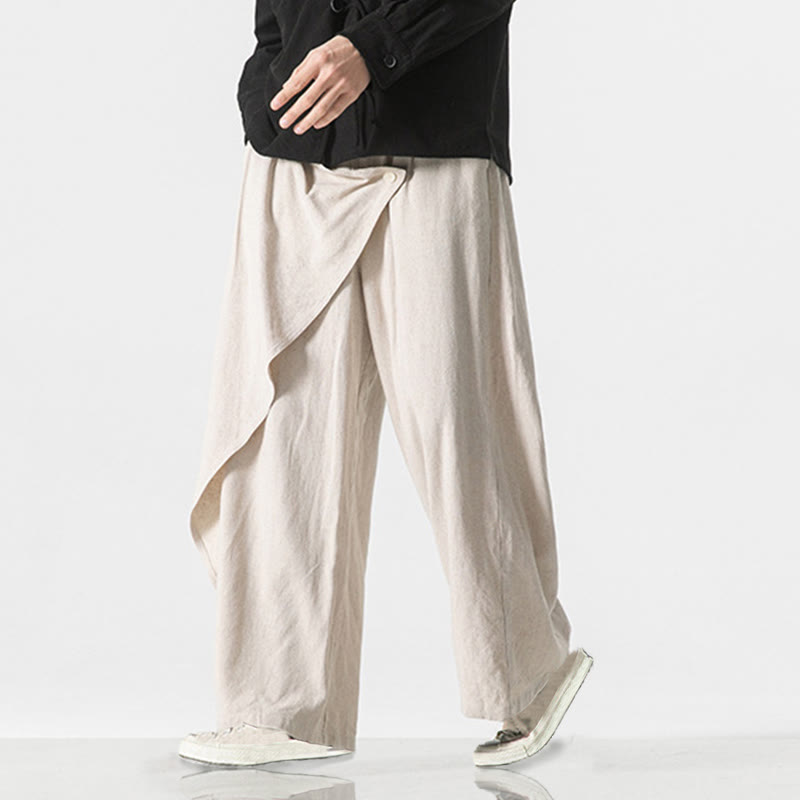 Buddha Stones Asymmetrical Patched Design Plain Men's Cotton Pants With Pockets