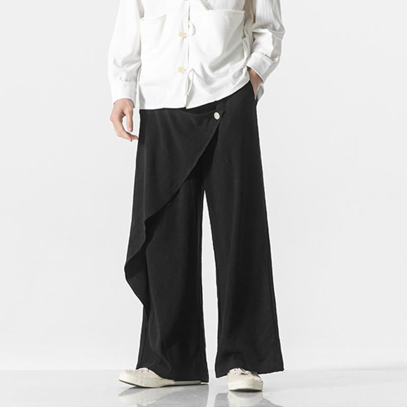 Buddha Stones Asymmetrical Patched Design Plain Men's Cotton Pants With Pockets