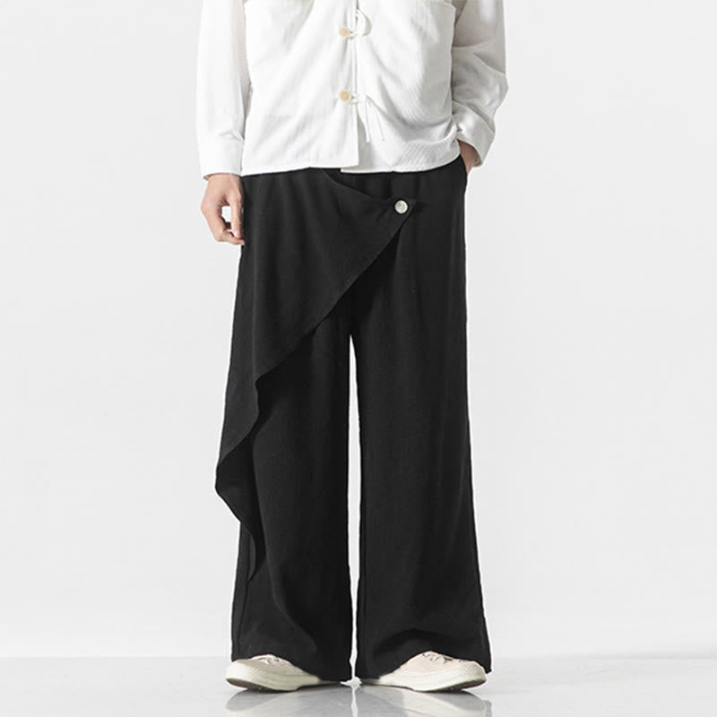 Buddha Stones Asymmetrical Patched Design Plain Men's Cotton Pants With Pockets