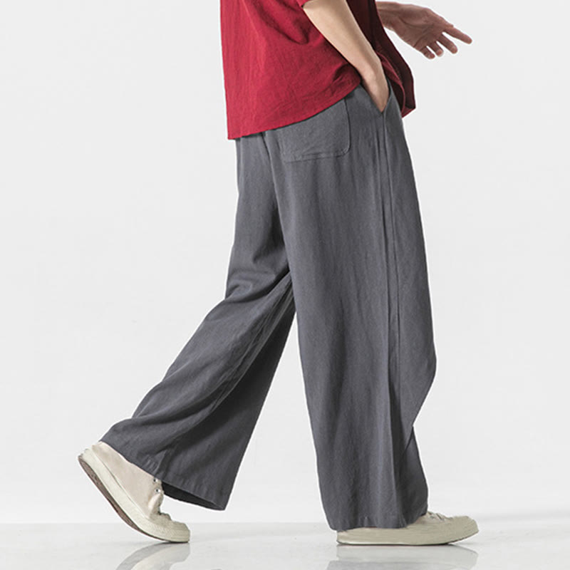 Buddha Stones Asymmetrical Patched Design Plain Men's Cotton Pants With Pockets