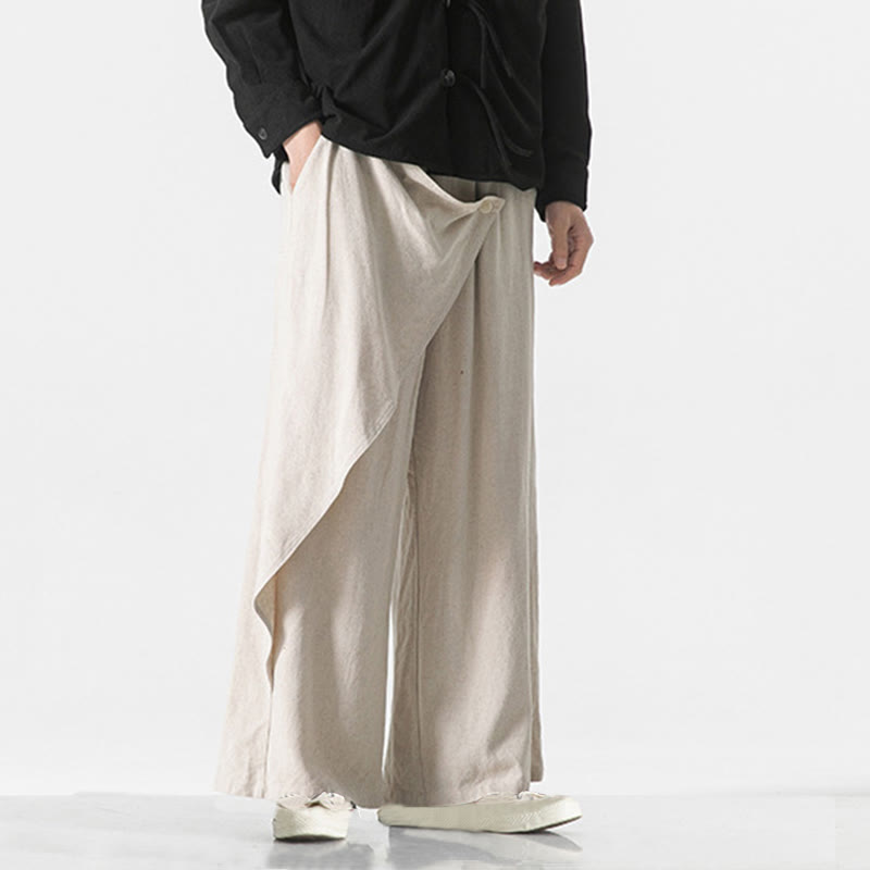 Buddha Stones Asymmetrical Patched Design Plain Men's Cotton Pants With Pockets