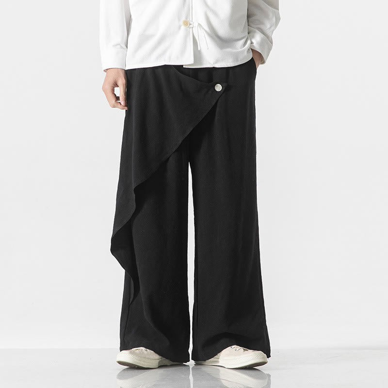 Buddha Stones Asymmetrical Patched Design Plain Men's Cotton Pants With Pockets