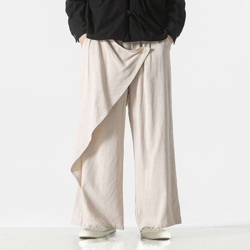 Buddha Stones Asymmetrical Patched Design Plain Men's Cotton Pants With Pockets
