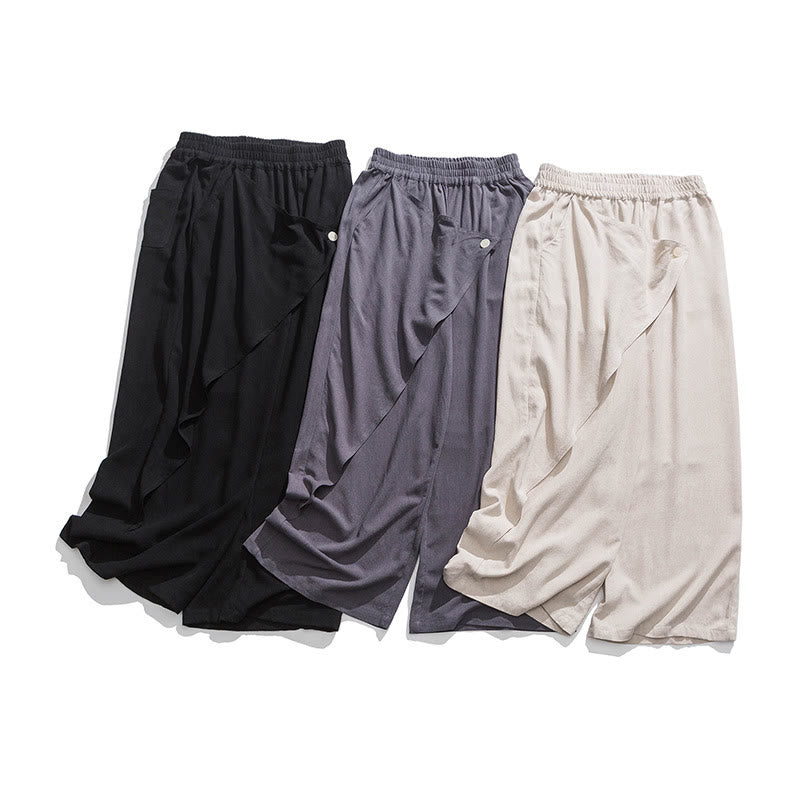 Buddha Stones Asymmetrical Patched Design Plain Men's Cotton Pants With Pockets