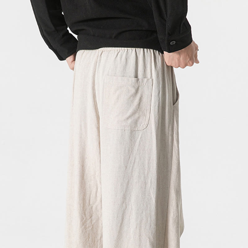 Buddha Stones Asymmetrical Patched Design Plain Men's Cotton Pants With Pockets
