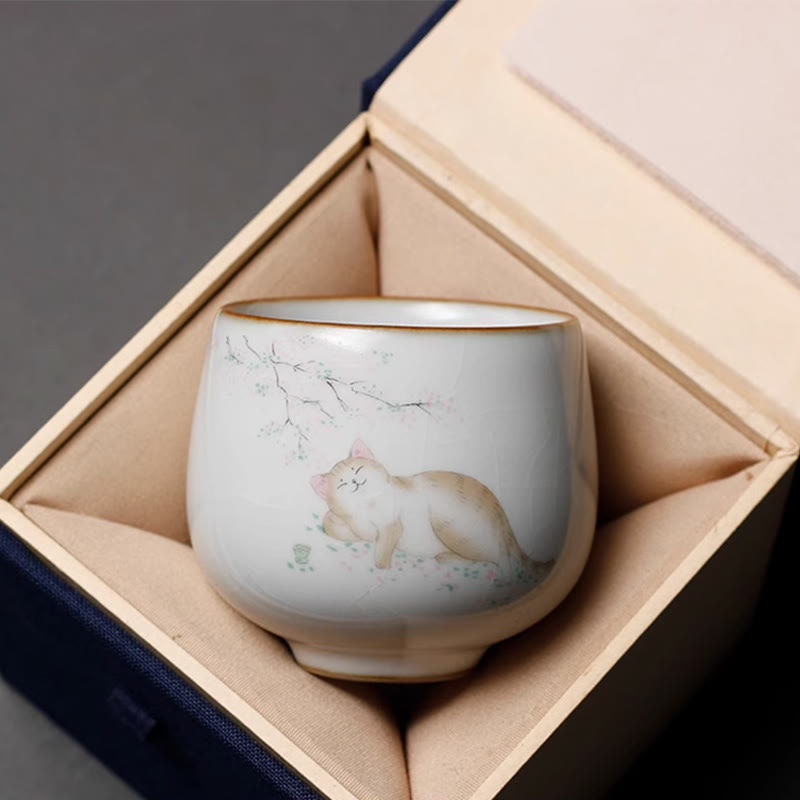 Buddha Stones Cute Cat Branches Teacup Kung Fu Tea Cup With Gift Box