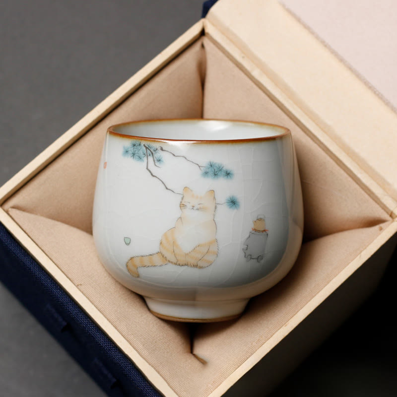 Buddha Stones Cute Cat Branches Teacup Kung Fu Tea Cup With Gift Box