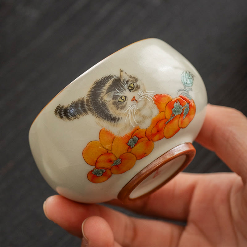 Buddha Stones Cute Persimmon Cat Teacup Kung Fu Tea Cup