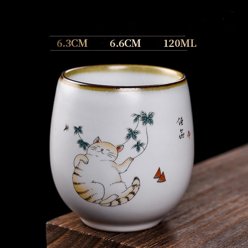 Buddha Stones Cute Lying Cat Branches Teacup Kung Fu Tea Cup With Gift Box