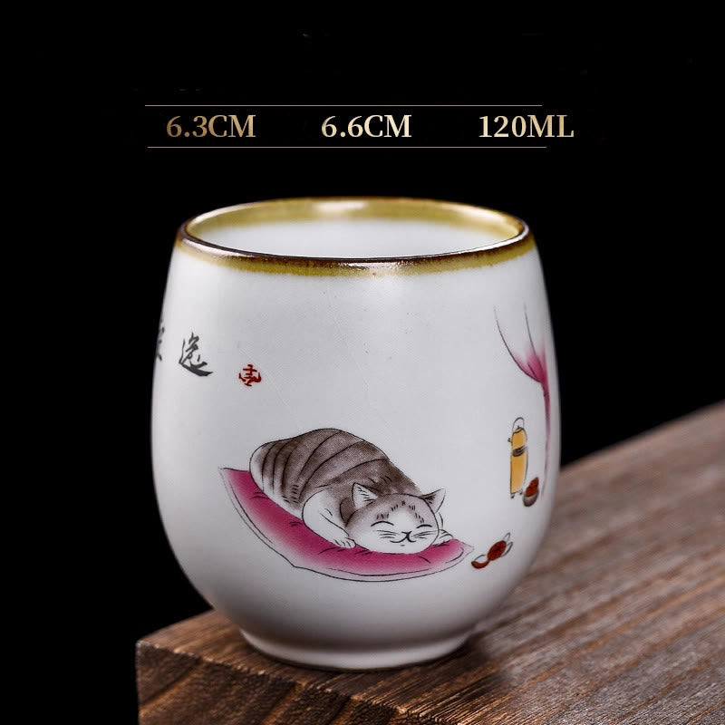 Buddha Stones Cute Lying Cat Branches Teacup Kung Fu Tea Cup With Gift Box