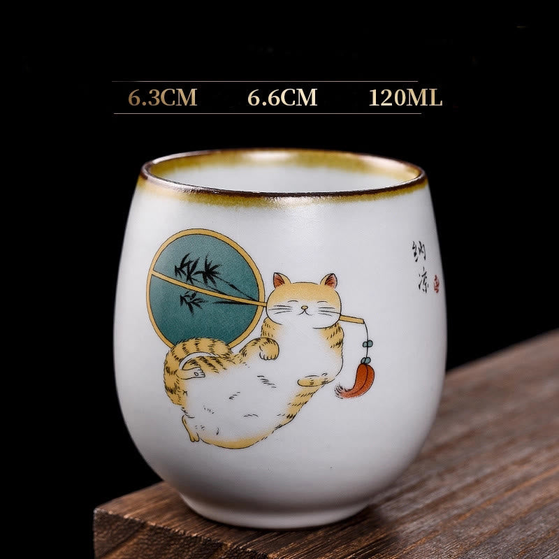 Buddha Stones Cute Lying Cat Branches Teacup Kung Fu Tea Cup With Gift Box