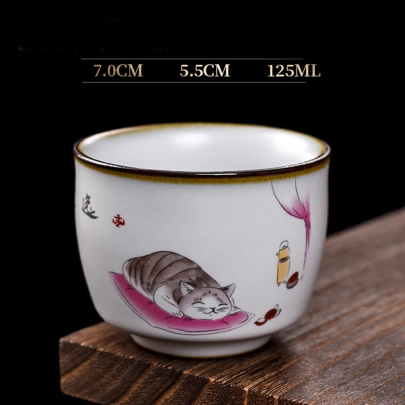 Buddha Stones Cute Lying Cat Branches Teacup Kung Fu Tea Cup With Gift Box
