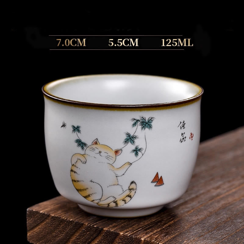 Buddha Stones Cute Lying Cat Branches Teacup Kung Fu Tea Cup With Gift Box