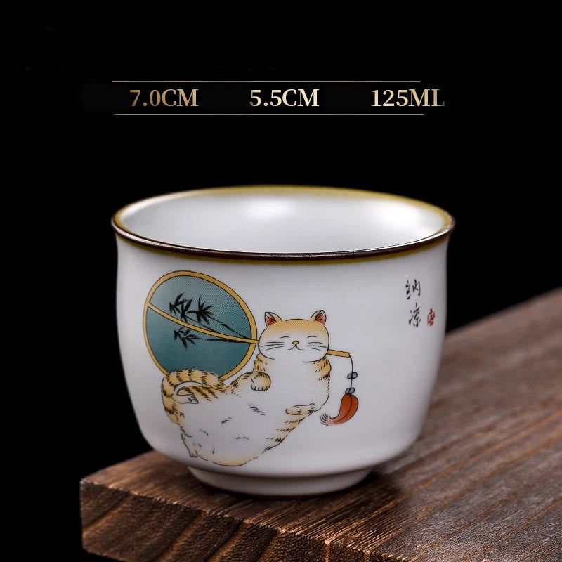 Buddha Stones Cute Lying Cat Branches Teacup Kung Fu Tea Cup With Gift Box