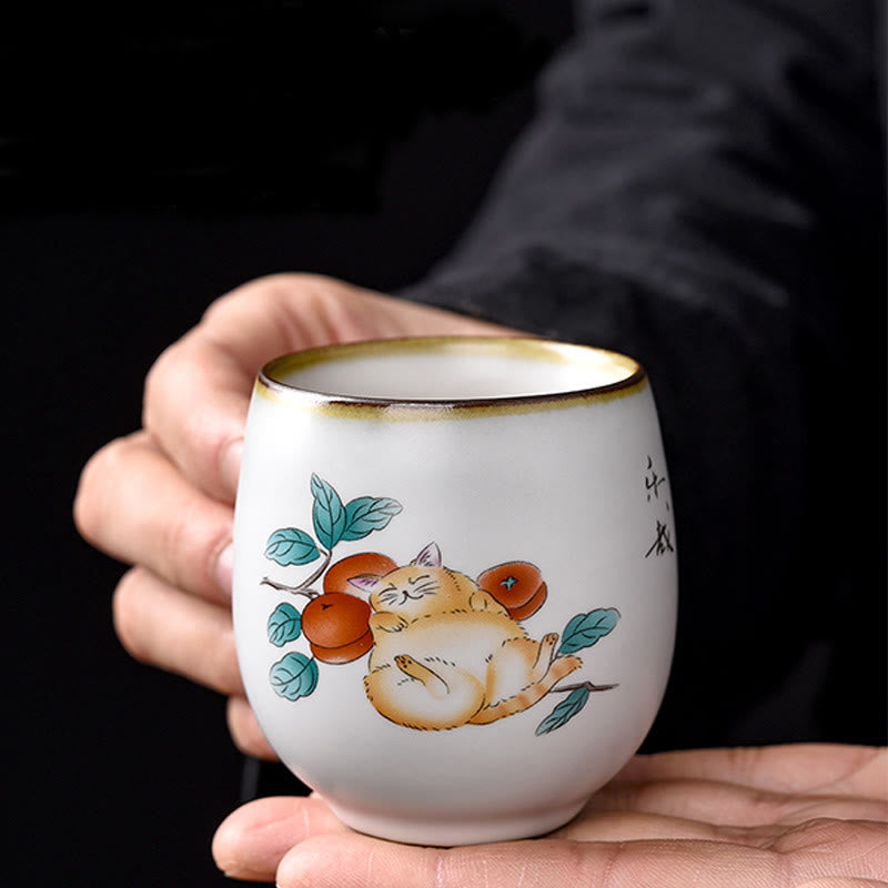 Buddha Stones Cute Lying Cat Branches Teacup Kung Fu Tea Cup With Gift Box