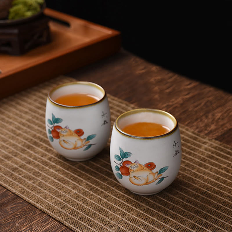 Buddha Stones Cute Lying Cat Branches Teacup Kung Fu Tea Cup With Gift Box