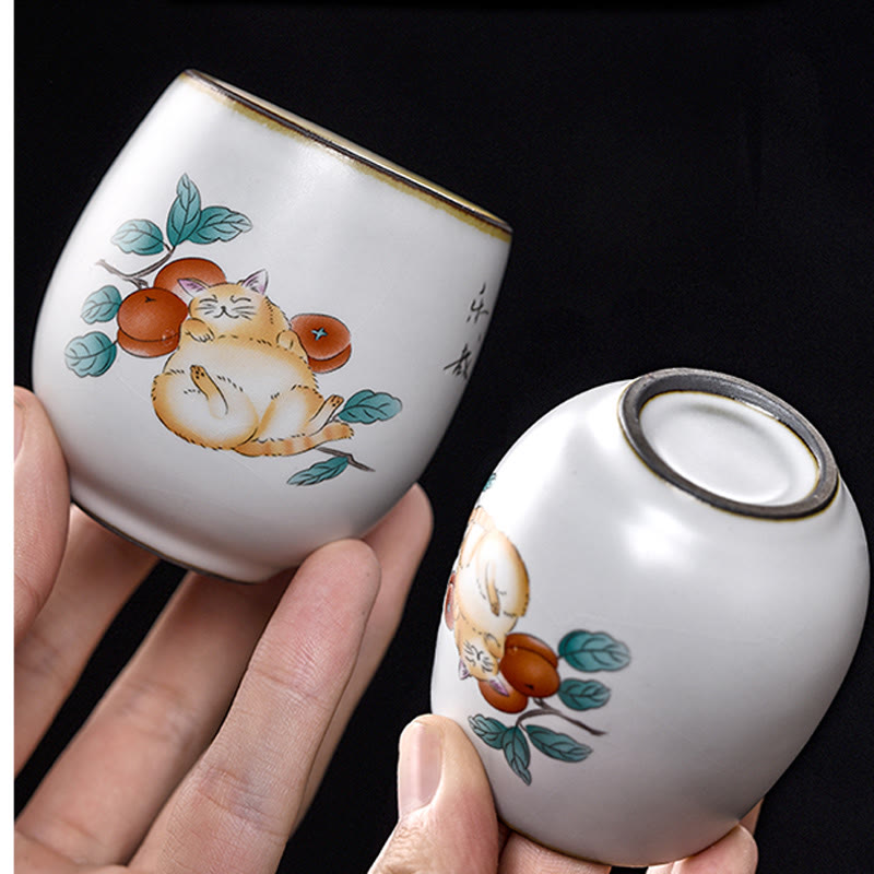 Buddha Stones Cute Lying Cat Branches Teacup Kung Fu Tea Cup With Gift Box