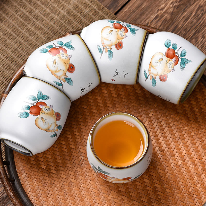 Buddha Stones Cute Lying Cat Branches Teacup Kung Fu Tea Cup With Gift Box
