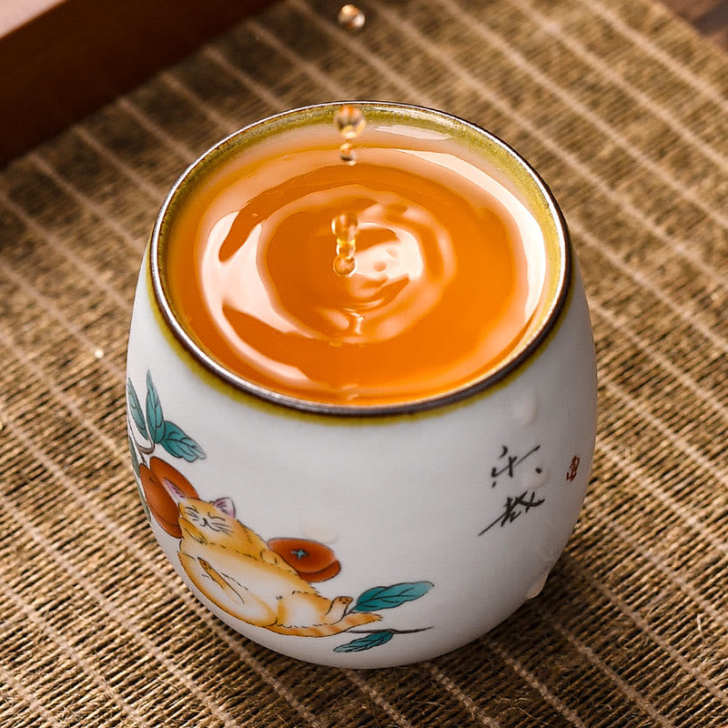 Buddha Stones Cute Lying Cat Branches Teacup Kung Fu Tea Cup With Gift Box