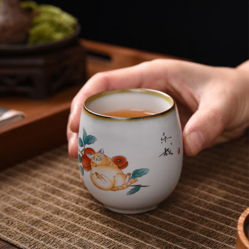 Buddha Stones Cute Lying Cat Branches Teacup Kung Fu Tea Cup With Gift Box