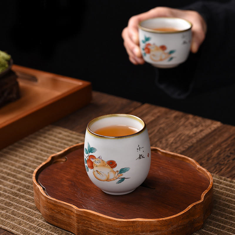 Buddha Stones Cute Lying Cat Branches Teacup Kung Fu Tea Cup With Gift Box