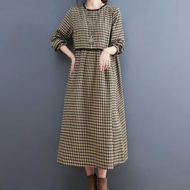 Buddha Stones Fall Plaid Pattern Ruffled Crew Neck Design Cotton Long Sleeve Midi Dress With Pockets