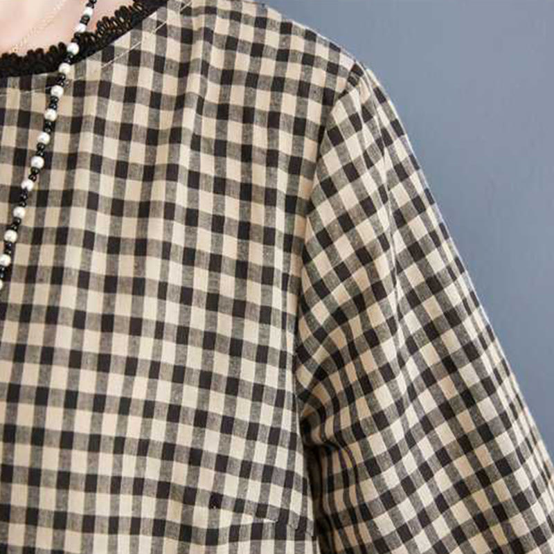 Buddha Stones Fall Plaid Pattern Ruffled Crew Neck Design Cotton Long Sleeve Midi Dress With Pockets