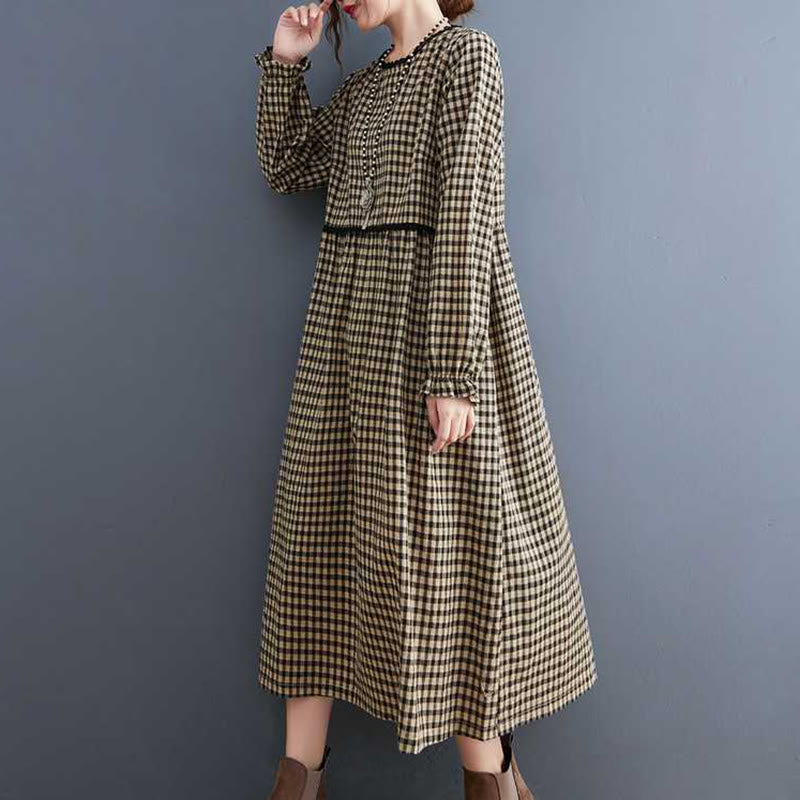 Buddha Stones Fall Plaid Pattern Ruffled Crew Neck Design Cotton Long Sleeve Midi Dress With Pockets