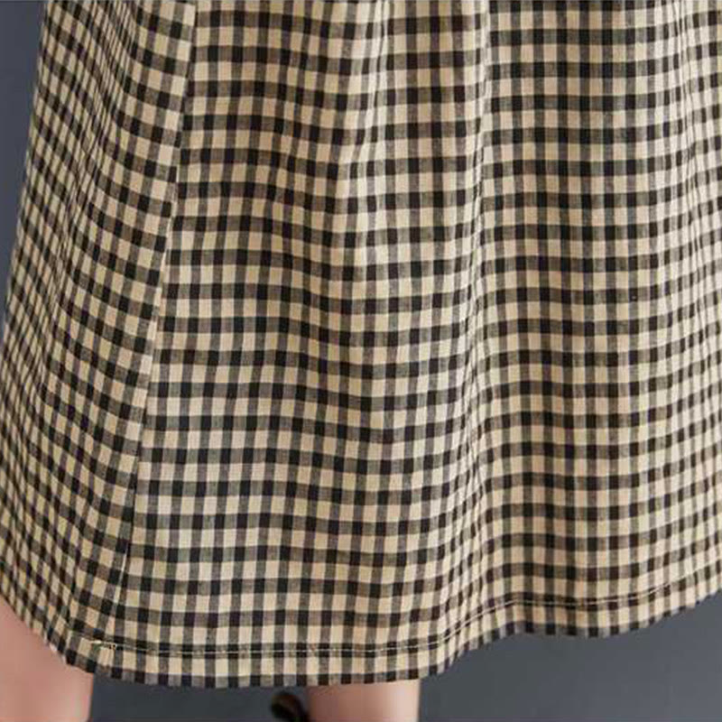 Buddha Stones Fall Plaid Pattern Ruffled Crew Neck Design Cotton Long Sleeve Midi Dress With Pockets