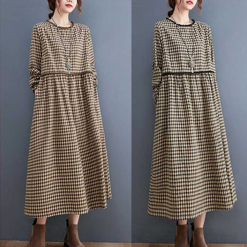 Buddha Stones Fall Plaid Pattern Ruffled Crew Neck Design Cotton Long Sleeve Midi Dress With Pockets