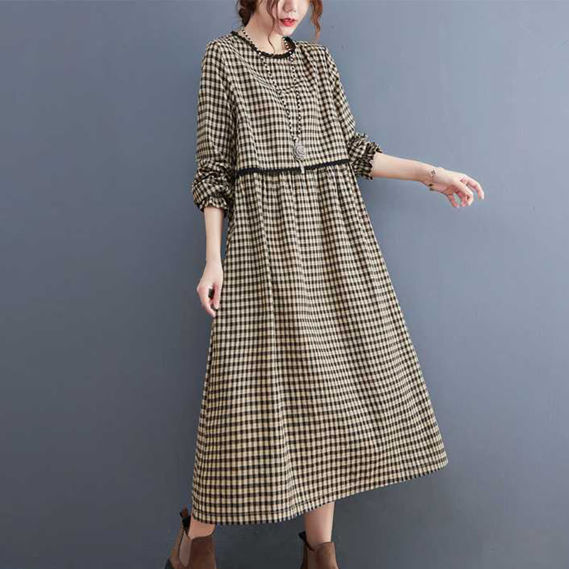Buddha Stones Fall Plaid Pattern Ruffled Crew Neck Design Cotton Long Sleeve Midi Dress With Pockets