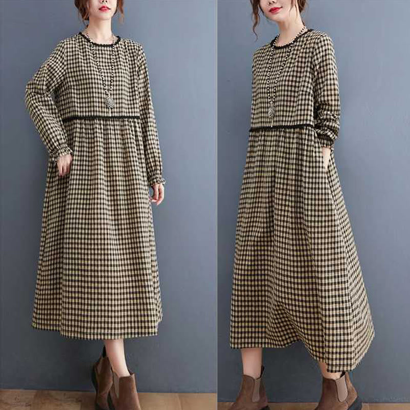 Buddha Stones Fall Plaid Pattern Ruffled Crew Neck Design Cotton Long Sleeve Midi Dress With Pockets