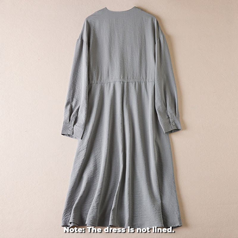 Buddha Stones Pure Color Notched Collar Drawstring Cotton Long Sleeve Midi Dress With Pockets