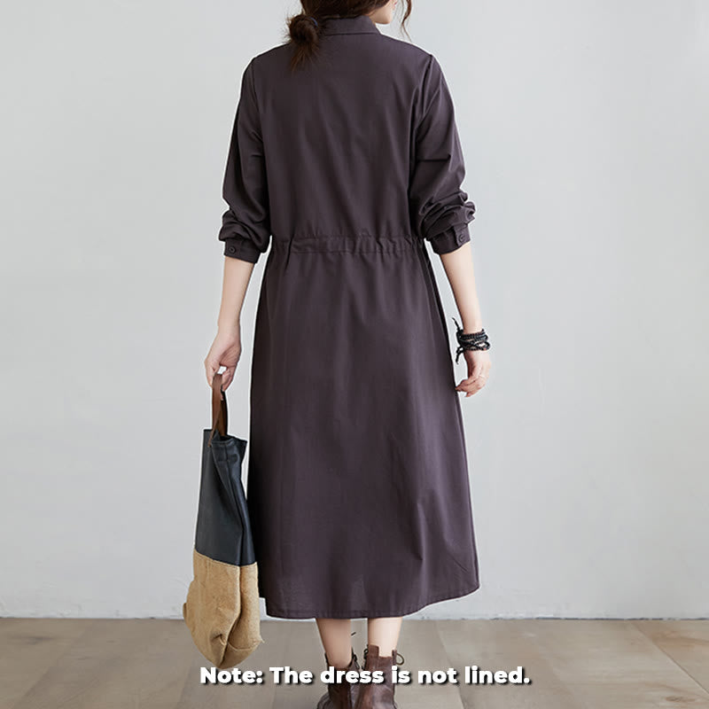 Buddha Stones Fall Solid Color Lace-Up Design Lapel Long Sleeve Cotton Midi Dress With Pockets