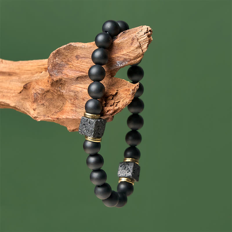 FREE Today: Support and Fortune Natural Frosted Black Onyx Square Lava Rock Bracelet
