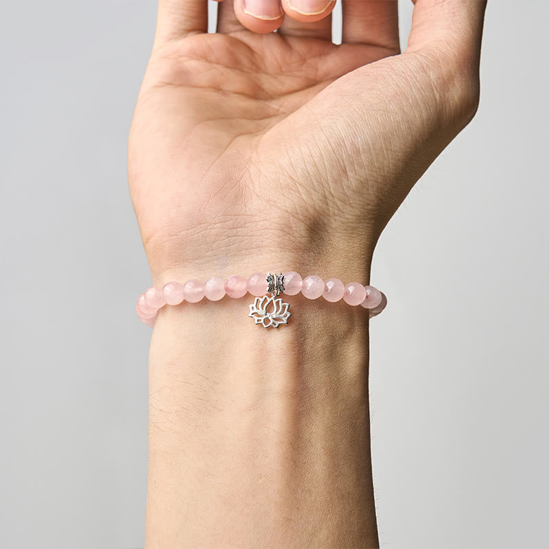 Buddha Stones 925 Sterling Silver Lotus Design Natural Pink Crystal Soothing Bracelet